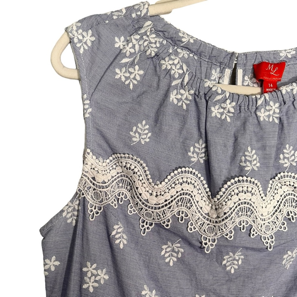 Monique Lhuillier Blue Sleeveless Embroidered Lace Poplin Midi Dress Size 14 - Picture 16 of 16